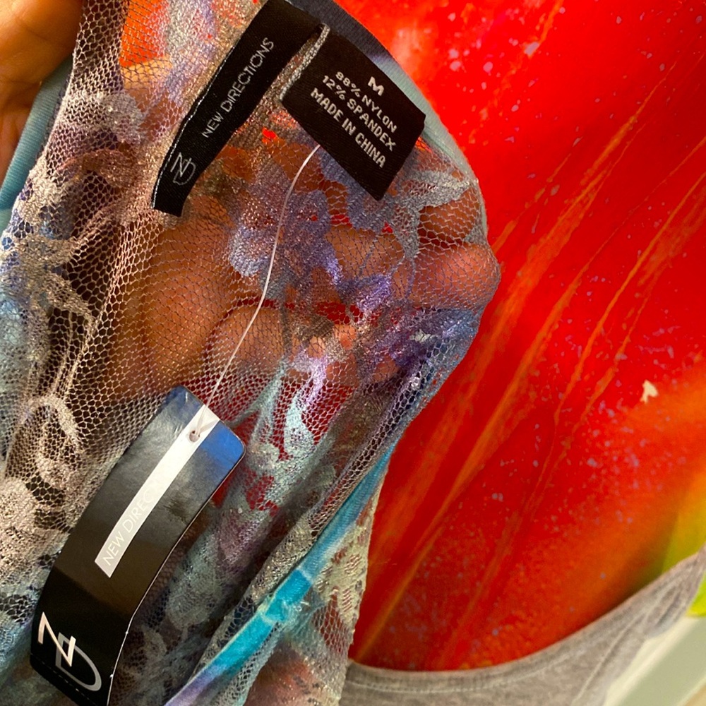 NEW DIRECTIONS Blue Combo Mesh Fun Sheer Top NWTs - Picture 11 of 11